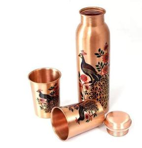 Printed Peacock Design Matte Finish Leak Proof Lid Copper Water Bottle with two copper glass